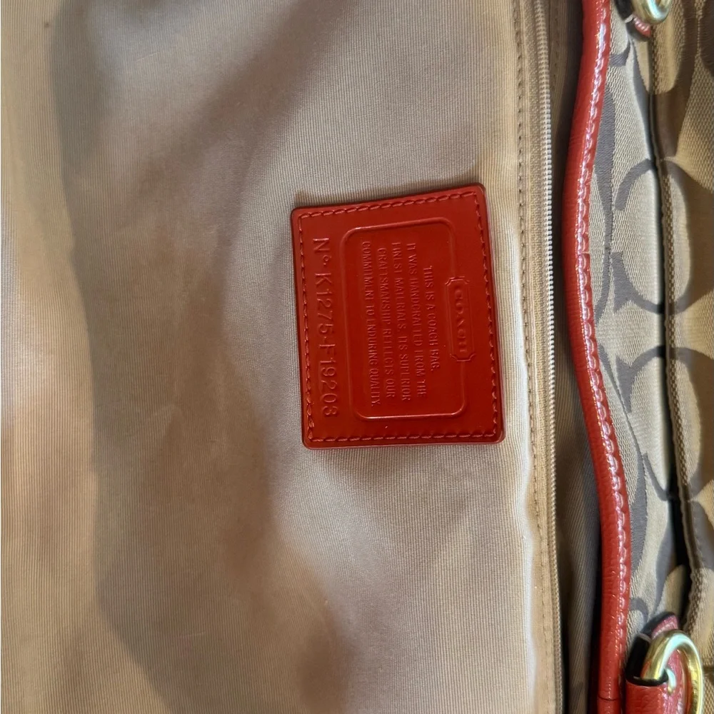 Coach Signature Stripe tote/hobo-bag w/orange leather trim F19203 - Picture 8 of 13